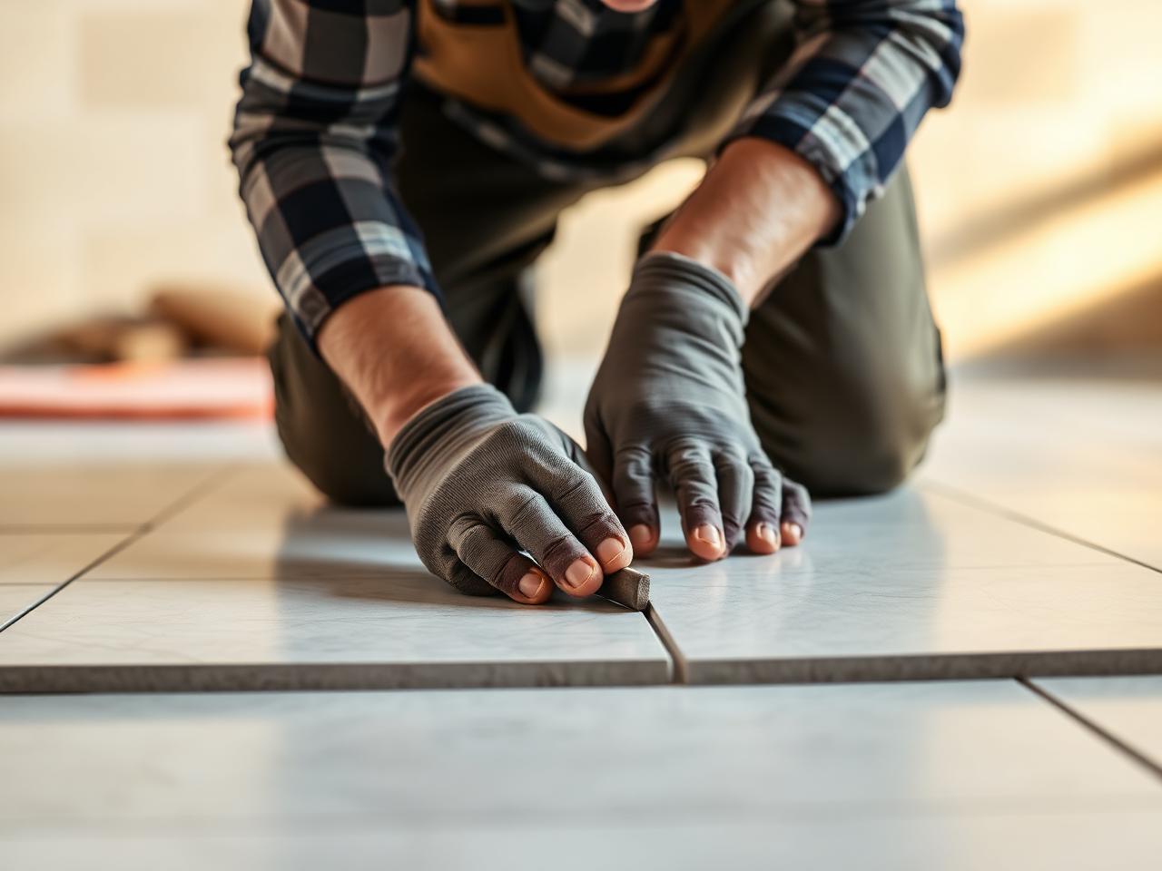 Skilled craftsman installing ceramic floor tiles